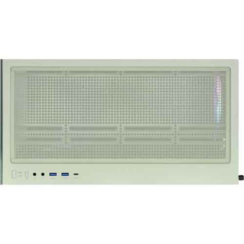 Un case per computer verde chiaro con parte superiore perforata e porte anteriori.
