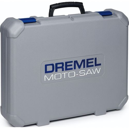 Grauer Koffer mit blauem Griff und Verriegelungen, Dremel Moto-Saw Schriftzug.