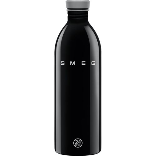 Schwarze Smeg-Flasche mit grauem Deckel und Logo.