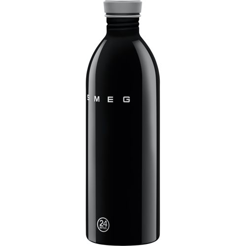 Schwarze Smeg-Flasche mit grauem Deckel und "24 Bottles"-Logo.