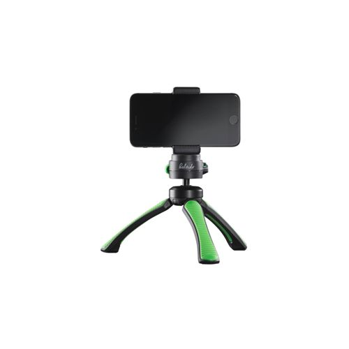 Uno smartphone nero su un piccolo treppiede nero e verde.