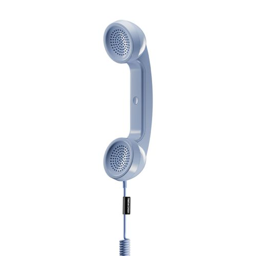 Una cornetta telefonica vintage blu con cavo a spirale.