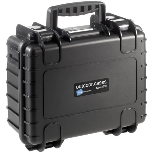 Schwarzer outdoor.cases Typ 3000 Hartschalenkoffer mit Griff und Riegeln.
