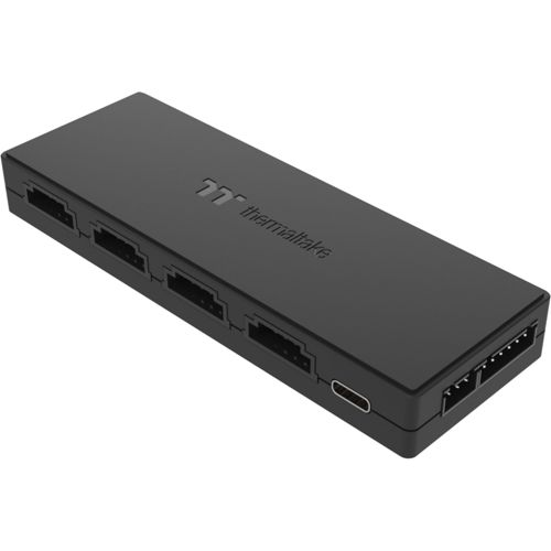 Controller nero Thermaltake per ventole e RGB con più porte e USB-C.