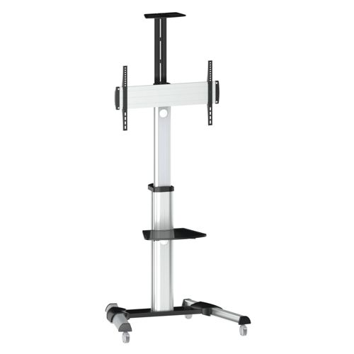 Een zilveren mobiele tv-standaard met zwarte accenten en wielen.