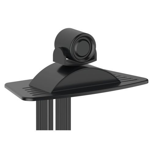 Een zwarte webcam is gemonteerd op een zwart platform met gebogen en platte secties.