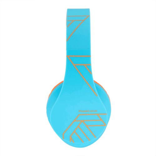 Cuffie blu con motivo geometrico arancione, su sfondo bianco.