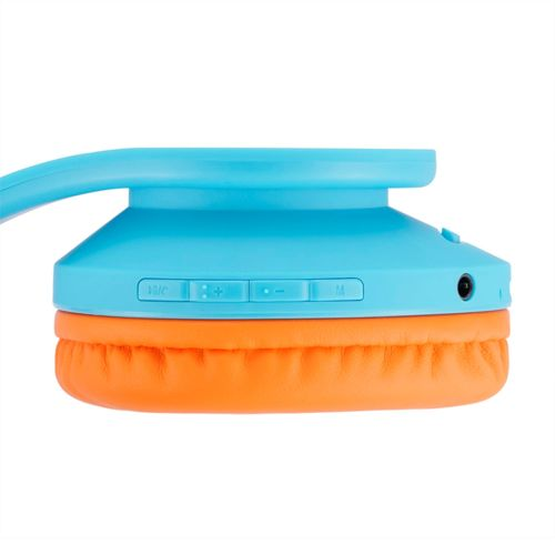 Cuffie blu con padiglioni arancioni e pulsanti di controllo.