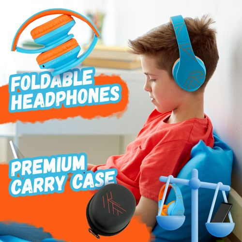 Cuffie blu con accenti arancioni su un ragazzo. Testo: Cuffie pieghevoli.