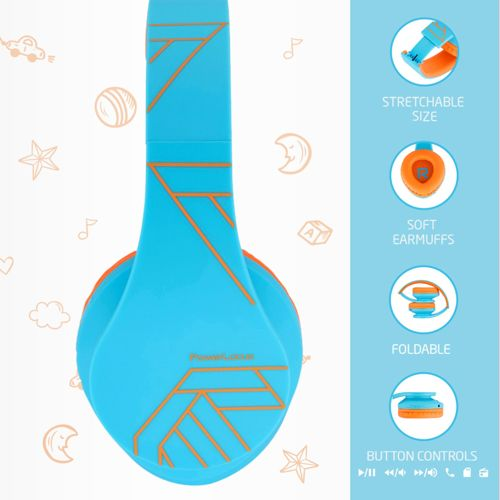 Cuffie blu con accenti e icone arancioni.