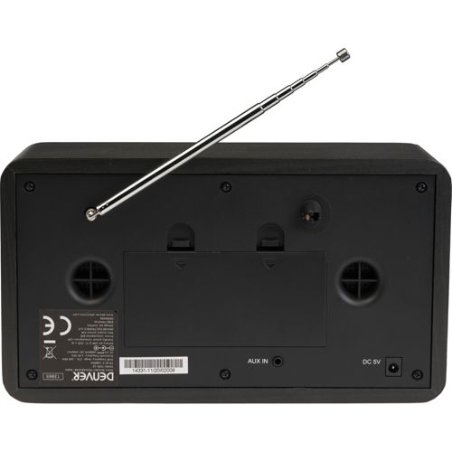 Parte trasera de una radio negra con antena plateada extendida.