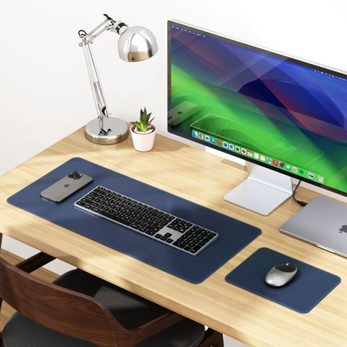 Ein Schreibtisch mit einem Monitor, Tastatur, Maus, Handy, Lampe und Pflanze.
