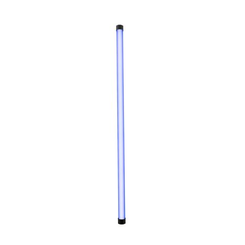 Ein schmales, langes, blau beleuchtetes Rohr mit schwarzen Endkappen.