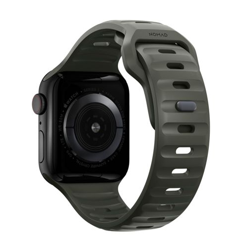 Un reloj inteligente verde con pantalla negra y correa acanalada.