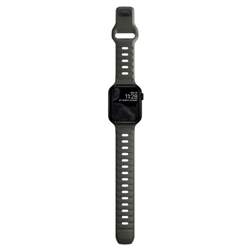 Correa de reloj inteligente gris oscuro con pantalla negra que muestra las 11:28.