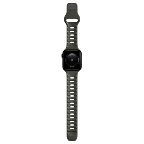Un reloj inteligente verde oscuro con esfera negra y correa perforada.