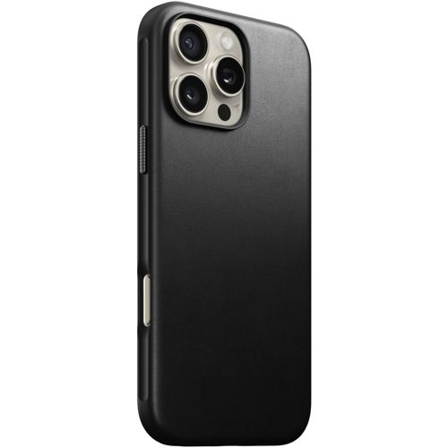Custodia nera per telefono con obiettivi della fotocamera sul retro, su sfondo bianco.
