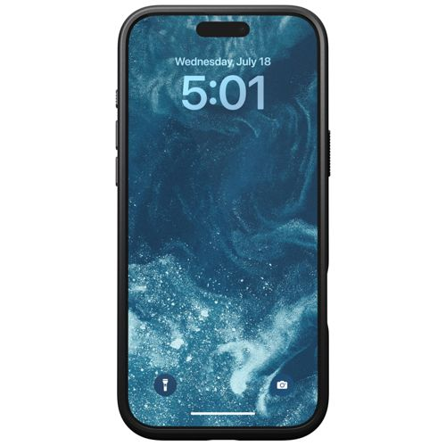 Un iPhone nero mostra 5:01 su uno sfondo astratto blu vorticoso.