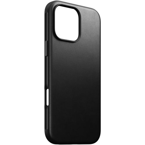 Custodia nera per telefono con ritaglio rettangolare per fotocamera e pulsanti laterali.