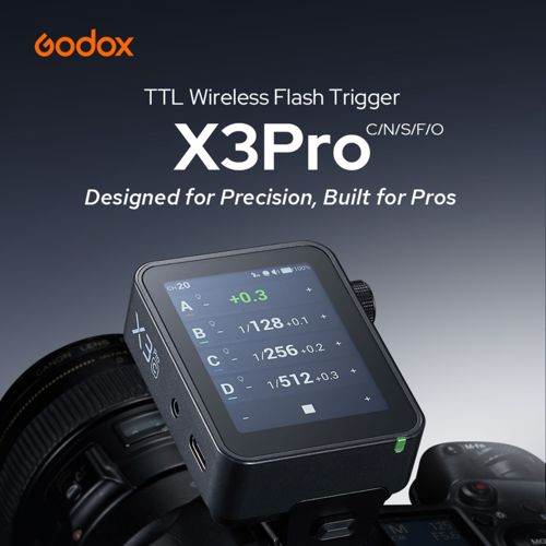 Godox X3Pro TTL draadloze flitser op een camera, close-up.