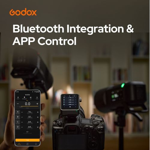 Godox logo, telefoon met app, camera en flitsers. Bluetooth bediening.
