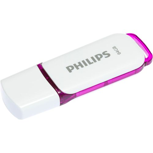 Ein weißer Philips USB-Stick mit 64 GB und einem lila Akzent.