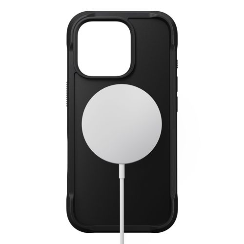Schwarzes iPhone-Case mit weißem Ladekreis und Kabel.