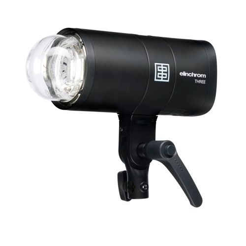 Une tête de flash Elinchrom noire avec un dôme transparent et une poignée.