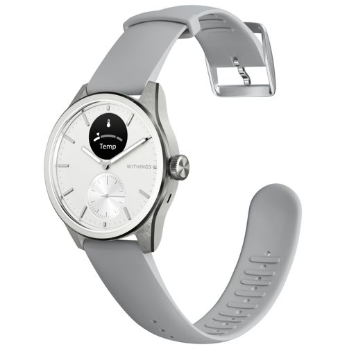 Uno smartwatch grigio con quadrante bianco che mostra la temperatura.