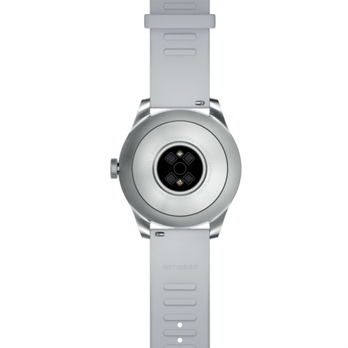 Vista posteriore di uno smartwatch grigio con sensore di battito cardiaco.