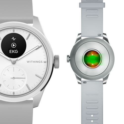 Due smartwatch grigie una accanto all'altra. Una mostra lo schermo ECG, l'altra il sensore cardiaco.
