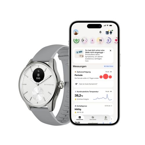 Uno smartwatch argentato con cinturino grigio accanto a uno smartphone che mostra un'app per la salute.