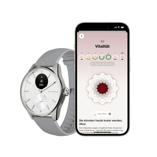 Uno smartwatch grigio e uno smartphone visualizzano dati di vitalità.