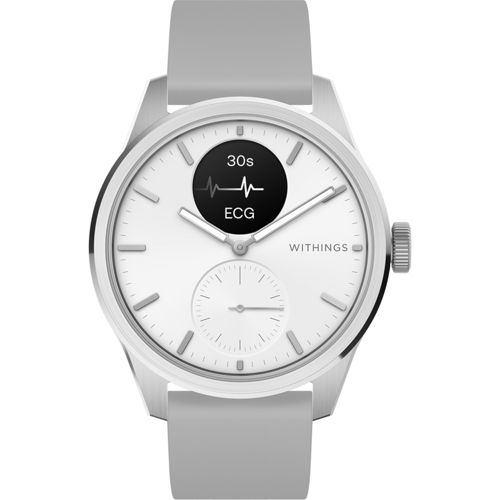 Uno smartwatch Withings bianco con cinturino grigio mostra dati ECG sul suo schermo.