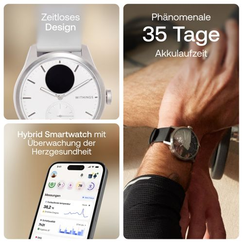 Il collage mostra uno smartwatch ibrido con monitoraggio della salute del cuore e 35 giorni di batteria.