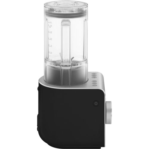 Schwarzer Mixer mit transparentem Behälter und silbernen Bedienelementen.