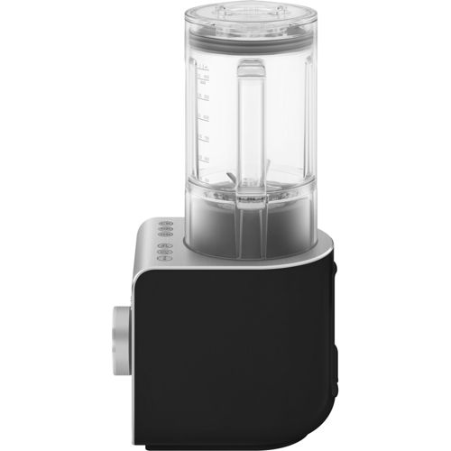 Schwarzer Mixer mit transparentem Behälter und silberner Steuerung.