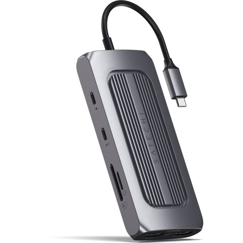 Hub USB-C grigio con porte, lettore di schede SD e logo Satechi.