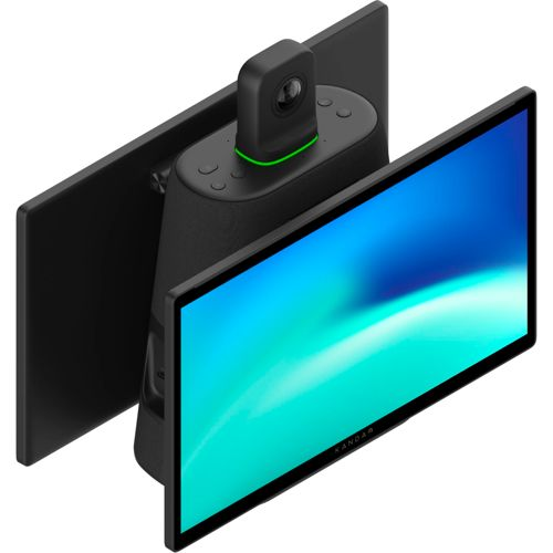 Schwarzes Videokonferenzgerät mit Kamera und Bildschirm, das abstrakte blaue und grüne Wellen zeigt.