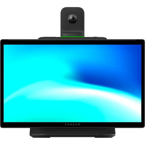 Ein schwarzes Konferenzdisplay mit einer Kamera oben und einem blauen Hintergrund.