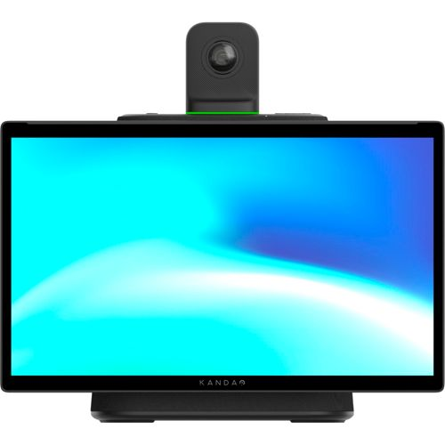 Ein schwarzer Videokonferenzbildschirm mit Kamera und blauem Hintergrund.