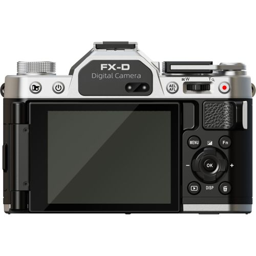 Vue arrière d'un appareil photo numérique argenté et noir avec écran LCD et boutons.
