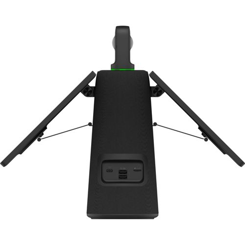 Schwarzes Gerät mit ausklappbaren Panels und USB-Anschlüssen. Grün leuchtendes Oberteil.