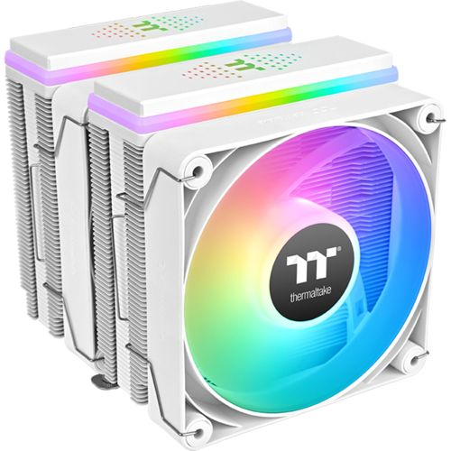 Un dissipatore CPU bianco con due ventole e illuminazione RGB.