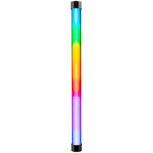 Eine vertikale Röhre mit Regenbogenfarben, die von oben nach unten verlaufen.
