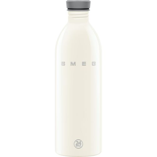 Eine cremefarbene SMEG-Wasserflasche mit grauem Deckel und SMEG-Logo.