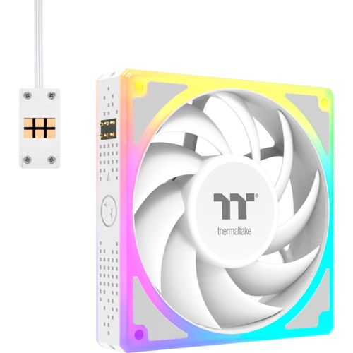 Una ventola PC bianca con illuminazione RGB e un connettore per cavi.