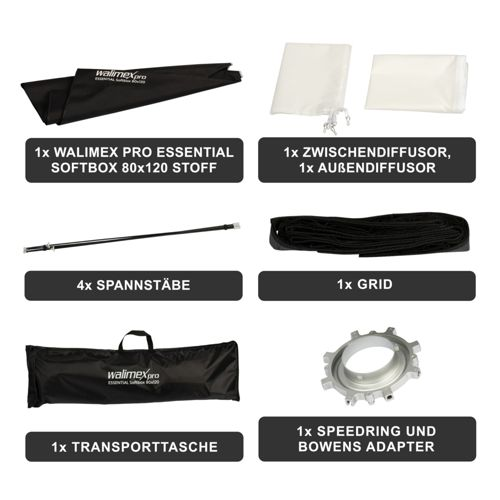 Aufstellung eines Walimex Pro Softbox-Kits mit Zubehör, alles ist ordentlich präsentiert.