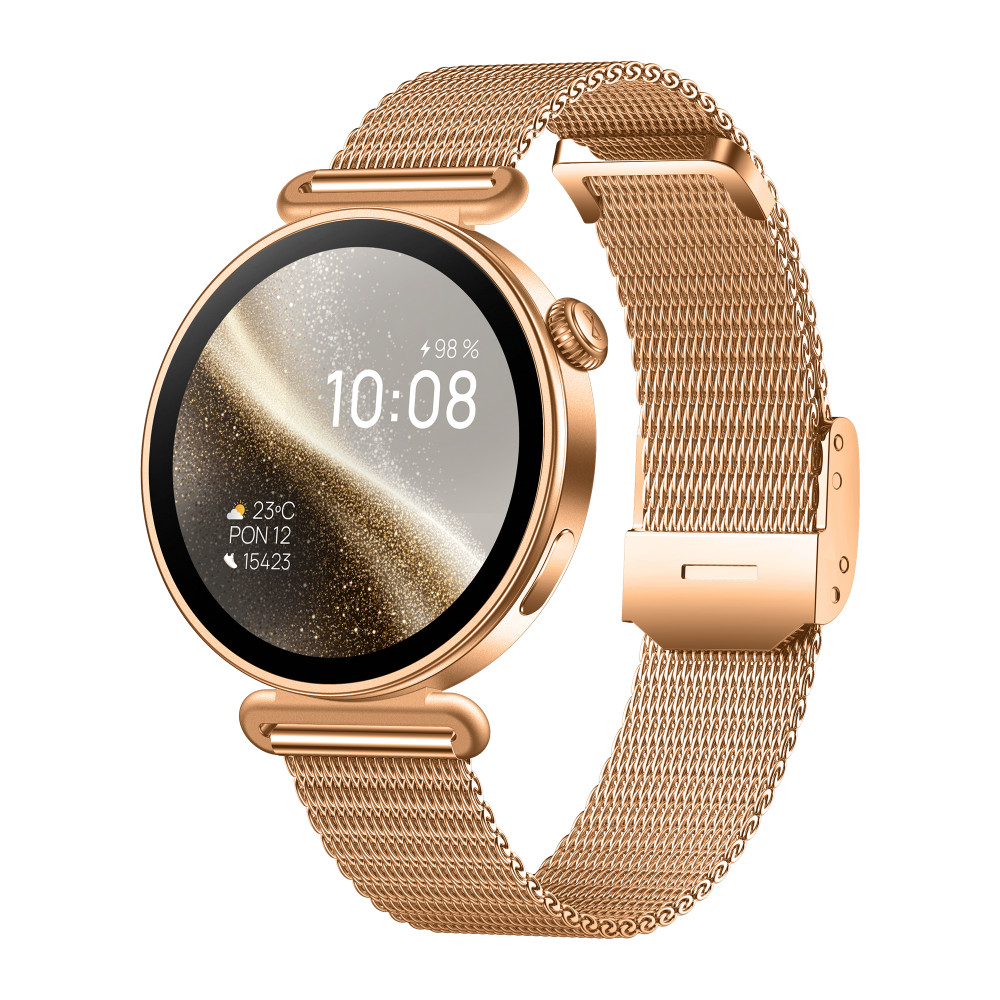 Uno smartwatch oro rosa con quadrante rotondo e cinturino in mesh.