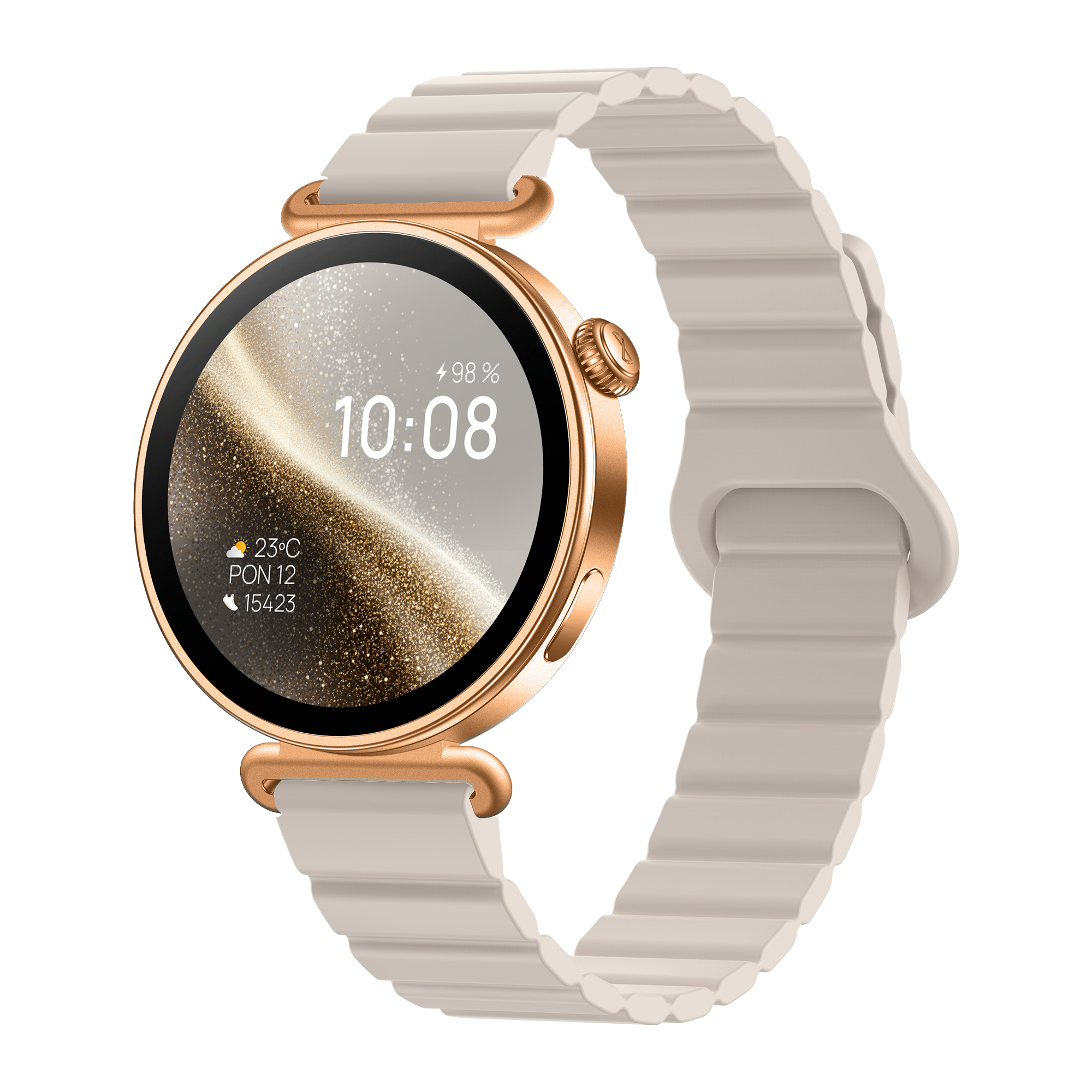 Uno smartwatch dorato con cinturino chiaro e display digitale.